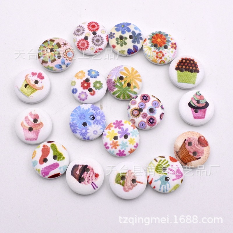 15mm fondo blanco pintado de madera botones decorativos de madera impreso flores y plantas, botones de rayas a cuadros 100 un paquete