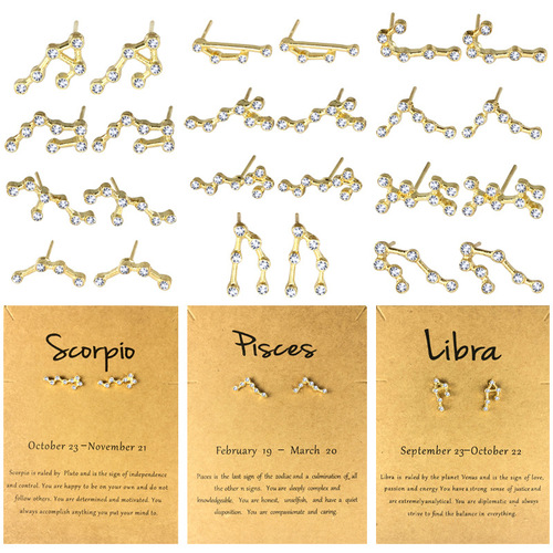 Amazon Wish cross-border exclusive diamond zodiac sign earrings set with diamond 12 zodiac signs European and American card earrings