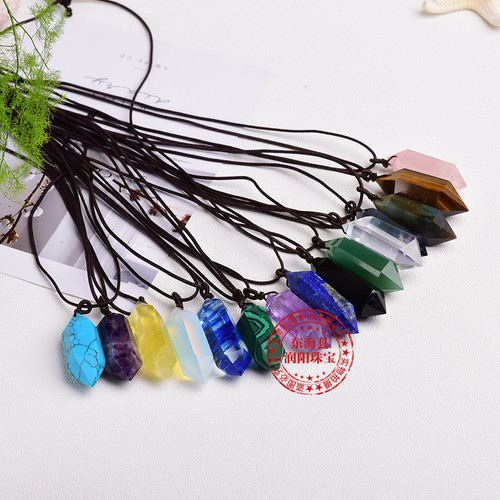 Manufacturer wholesale natural crystal raw stone polished double-pointed hexagonal prism pendant energy stone necklace jewelry foreign trade hot sale