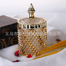 厂家直供电镀金色欧式透明玻璃糖缸糖果罐储物罐糖果盅婚庆带盖