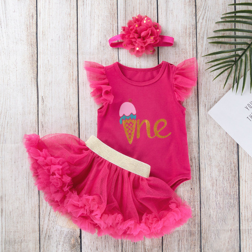 Newborn Baby Girl Birthday Outfit Sleeveless Bodysuit Bottoms Dress Set Infants and Toddlers First Birthday Gift Set Three-Piece Set Wholesale