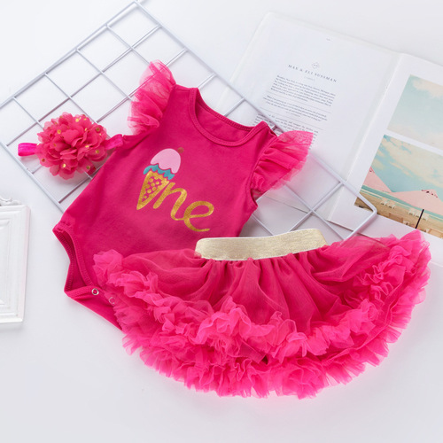 Newborn Baby Girl Birthday Outfit Sleeveless Bodysuit Bottoms Dress Set Infants and Toddlers First Birthday Gift Set Three-Piece Set Wholesale