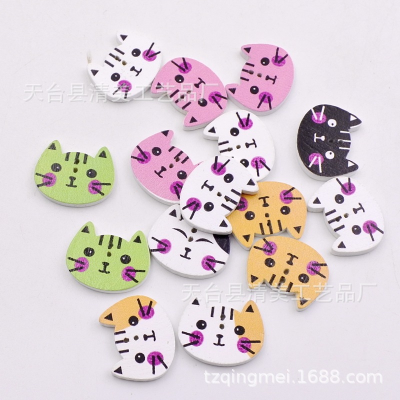 20*15mm fondo blanco lindo gatito botón de madera niños dibujos animados pintado gato cara forma rompecabezas