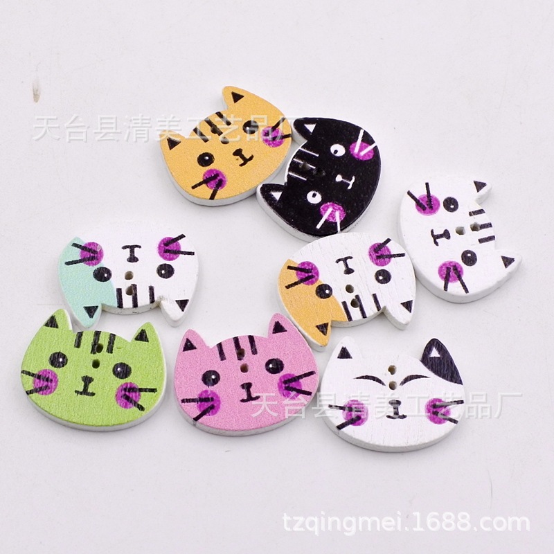 20*15mm fondo blanco lindo gatito botón de madera niños dibujos animados pintado gato cara forma rompecabezas