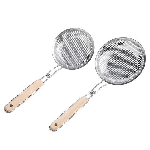 Household stainless steel colander, small hole frying spoon, wooden handle, filter drain, multi-specification, hanging oil grid