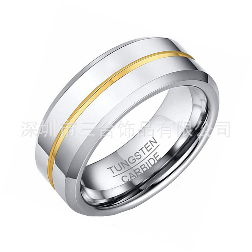 Tungsten gold men's jewelry 6/8mm wide middle slot between black smooth chamfered tungsten steel ring Europe and the United States cross-border jewelry