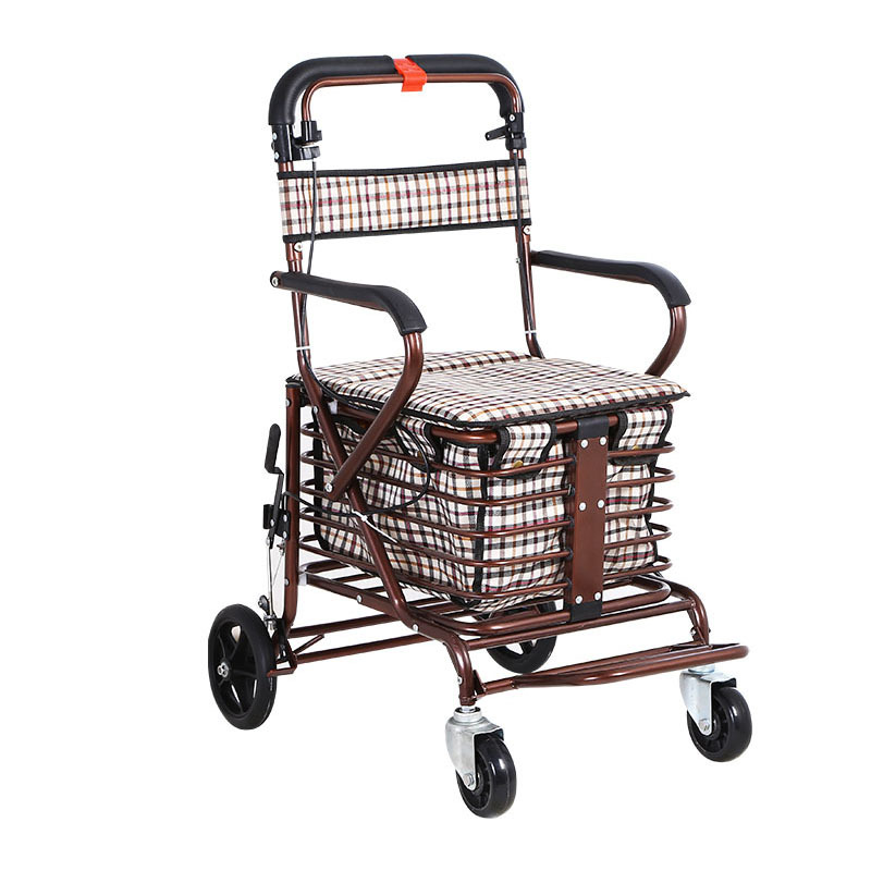 Fábrica al por mayor scooter ancianos puede sentarse y empujar asiento de compras de cuatro ruedas plegable ayuda para caminar ancianos mano empujar carrito de compras
