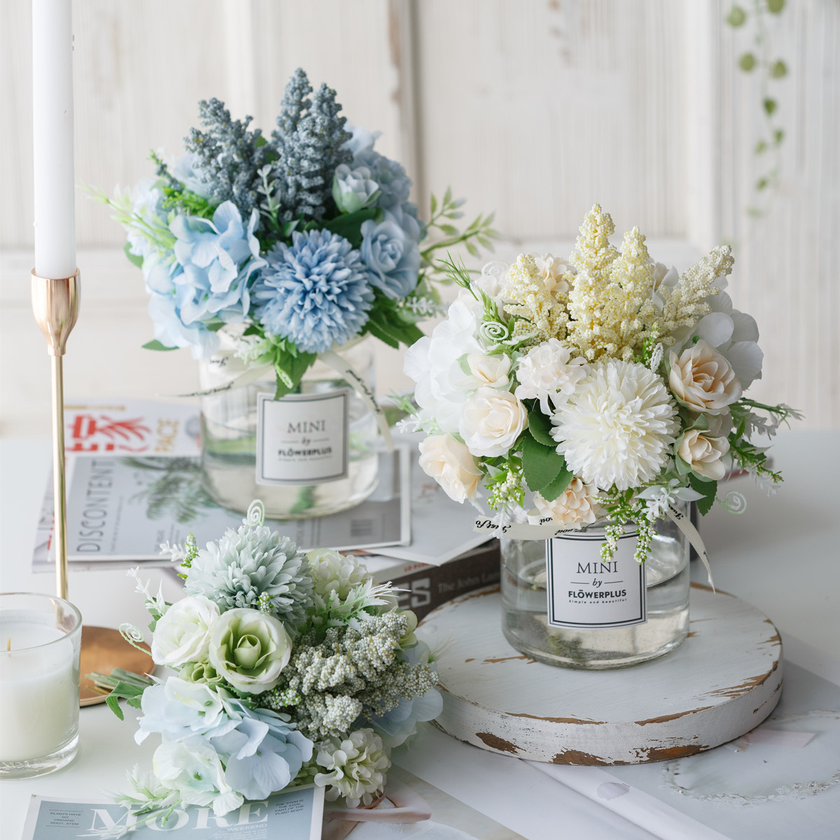 Traje de flor artificial florero de vidrio Rosa artificial planta olla decoración del hogar falso maceta