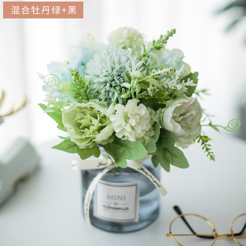 Traje de flor artificial florero de vidrio Rosa artificial planta olla decoración del hogar falso maceta