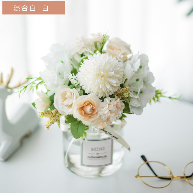 Traje de flor artificial florero de vidrio Rosa artificial planta olla decoración del hogar falso maceta