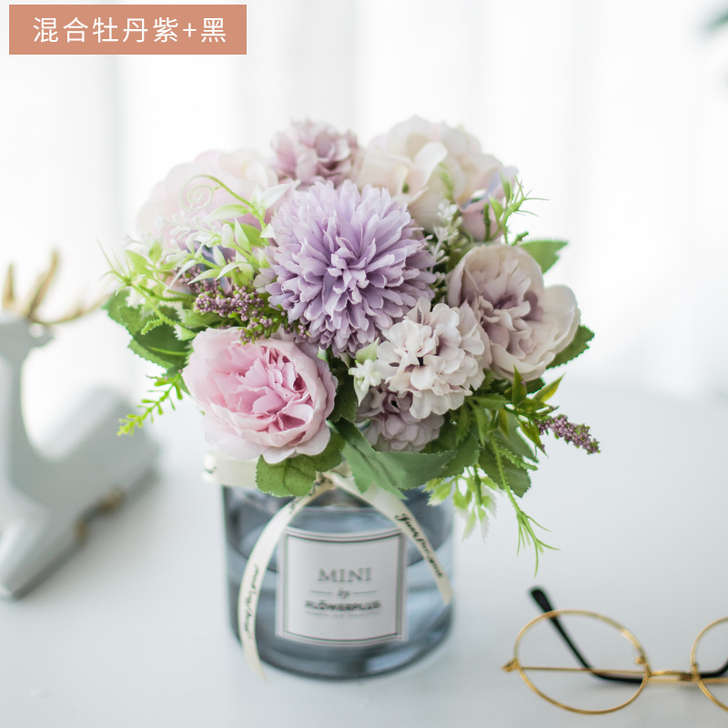 Traje de flor artificial florero de vidrio Rosa artificial planta olla decoración del hogar falso maceta