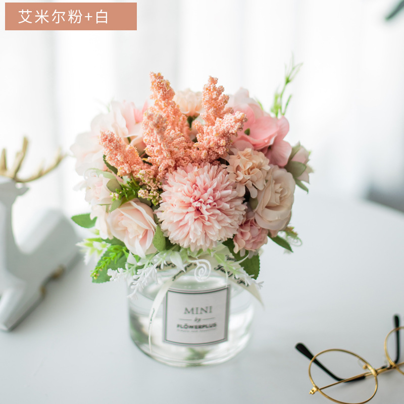 Traje de flor artificial florero de vidrio Rosa artificial planta olla decoración del hogar falso maceta