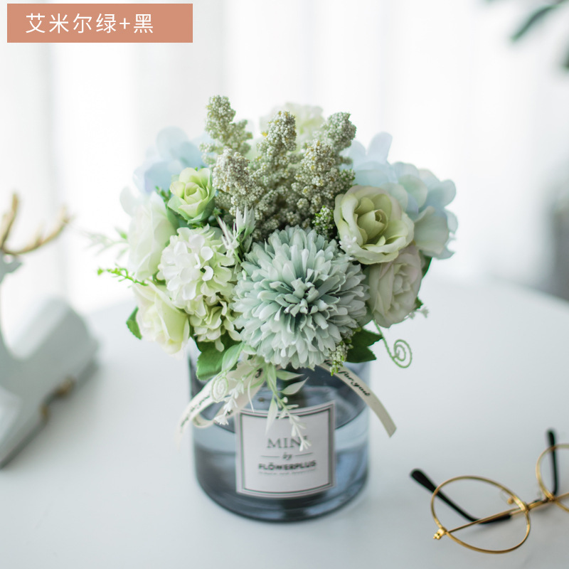 Traje de flor artificial florero de vidrio Rosa artificial planta olla decoración del hogar falso maceta