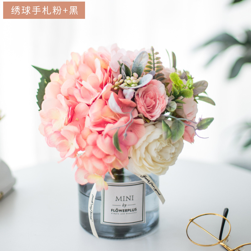 Traje de flor artificial florero de vidrio Rosa artificial planta olla decoración del hogar falso maceta