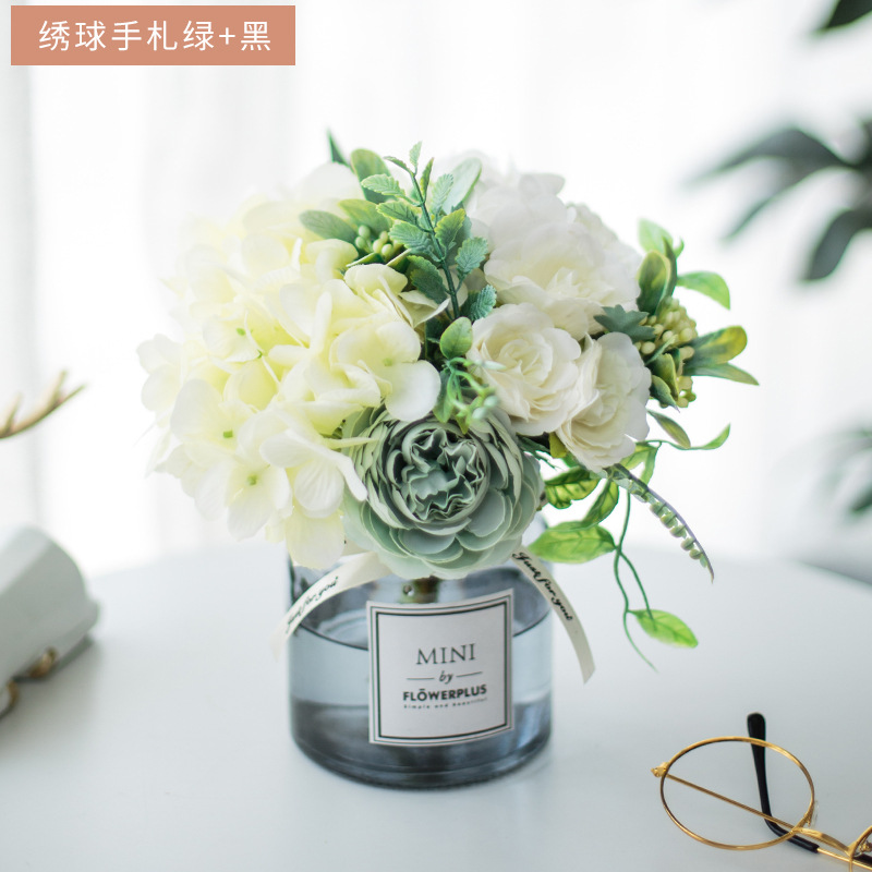 Traje de flor artificial florero de vidrio Rosa artificial planta olla decoración del hogar falso maceta