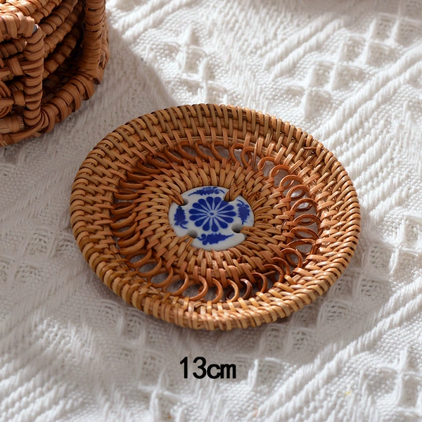 Rattan round single piece ceramic coaster 13cm