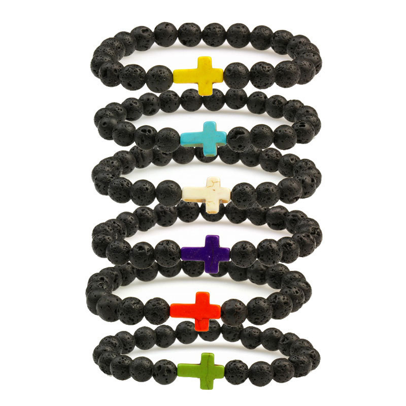 Amazon best selling cross turquoise bracelet beads jewelry lava volcanic stone bracelet e-commerce supply