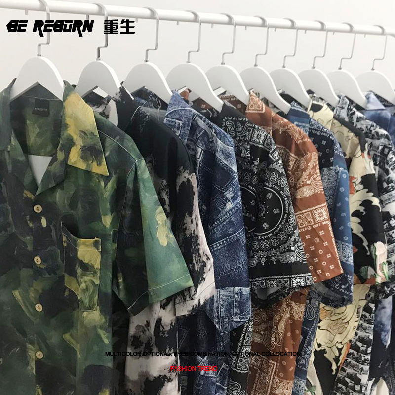 Cuban retro oil painting full printed shirt men's fashion Hawaiian Hong Kong style loose casual couple short sleeve shirt fashion Cuban retro oil painting full printed shirt men's fashion Hawaiian Hong Kong style loose casual couple short sleeve shirt fashion