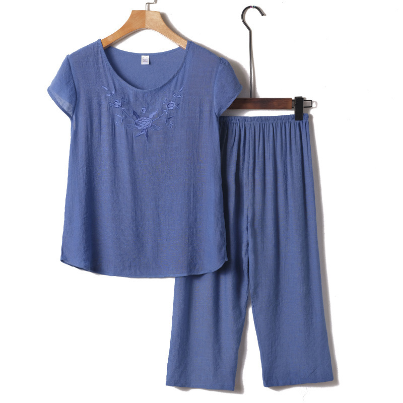 Middle-Aged and Elderly Women's Loose Grandma Cotton and Linen Suit Old Lady Summer Short-Sleeved T-Shirt Mother's Pajamas Two-Piece Set