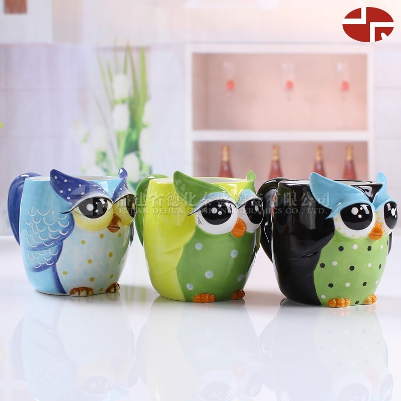 Exportación de cerámica búho taza de agua de cerámica dolomita dibujos animados logo logo taza de oficina taza de té al por mayor
