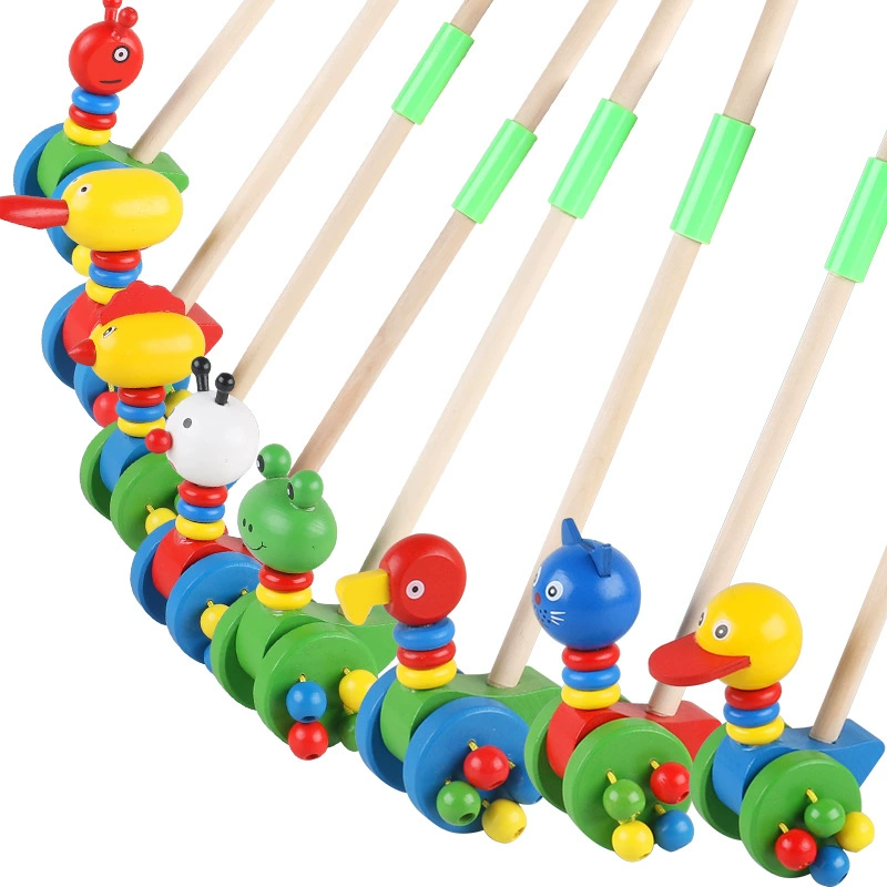 Wooden Push Trolley Toy, Cartoon Animal Finger-Push Walker for Toddlers, 41 cm, Multiple Designs