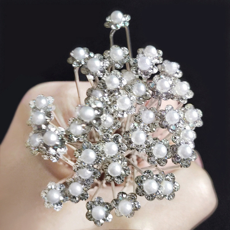 Cross-border Hot Selling Diamond-encrusted Pearl Flower U-shaped Clip Bridal Coil Hair Fork Pin Headwear Alloy Hair Hairpin Accessories