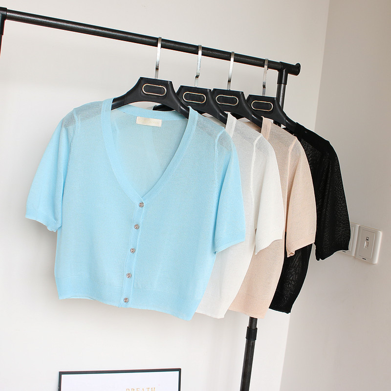 반팔 아이스 실크 아우터 가디건 여성용 울트라 숏 니트 스웨터 울트라 씬 재킷 여름 새로운 자외선 차단제 작은 숄 조끼