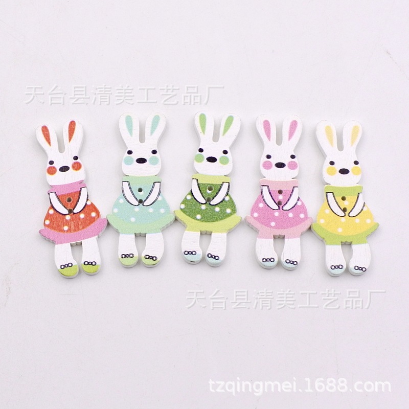 19*45mm fondo blanco impresión de 6 colores botones de conejito decoración de madera conejito lindo hecho a mano