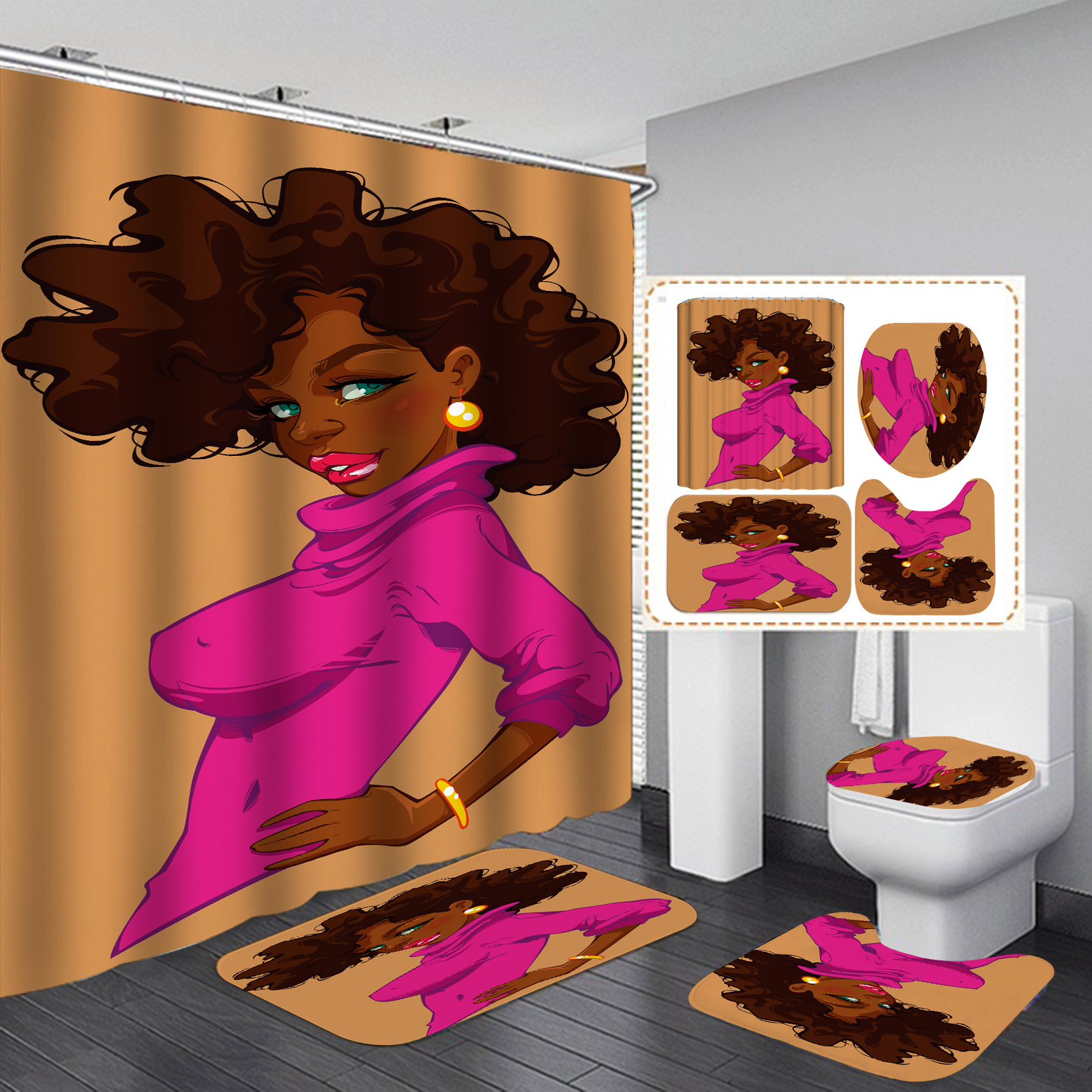 Nuevo suministro directo transfronterizo 3D Impresión digital impermeable baño Mujer Africana ducha cortina fábrica suministro directo Cortina de ducha al por mayor