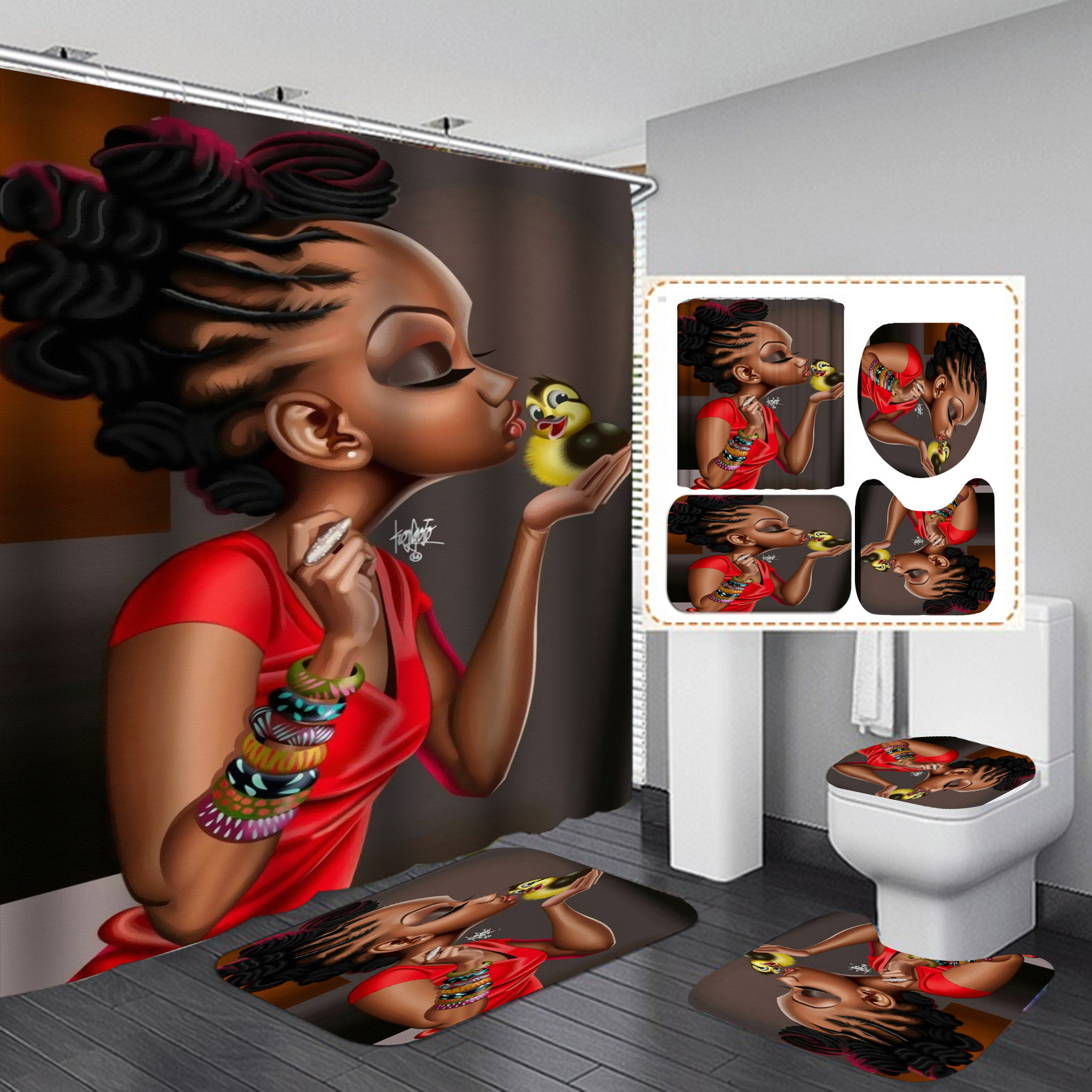 Nuevo suministro directo transfronterizo 3D Impresión digital impermeable baño Mujer Africana ducha cortina fábrica suministro directo Cortina de ducha al por mayor