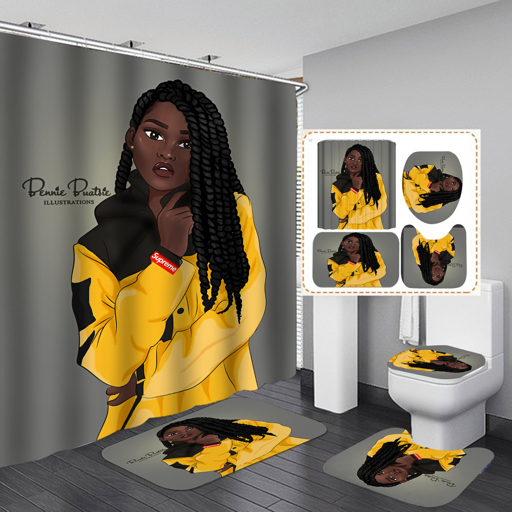 Nuevo suministro directo transfronterizo 3D Impresión digital impermeable baño Mujer Africana ducha cortina fábrica suministro directo Cortina de ducha al por mayor