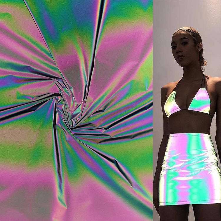 现货供应针织布底七彩反光面料服装辅料耐水洗幻彩反光弹力布