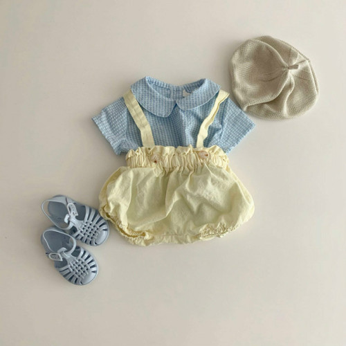 Summer fashionable and cute overalls for boys and girls, triangle harem baby casual plaid rompers, thin Korean style