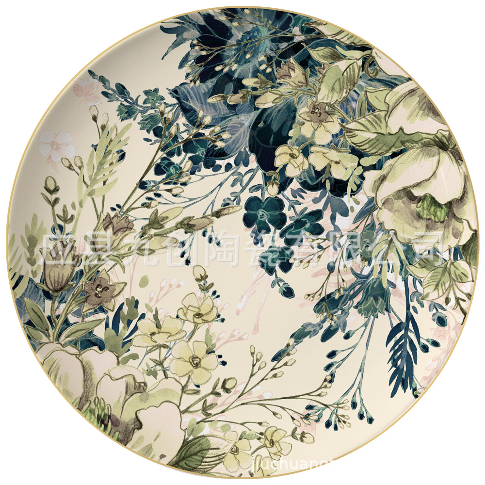 Plato de cerámica estilo chino, plato creativo retro floral de estilo occidental con borde dorado, plato de repostería de estilo occidental