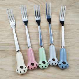 供应家庭创意不锈钢水果叉 特色手柄加长冰勺咖啡勺网红月饼叉厂