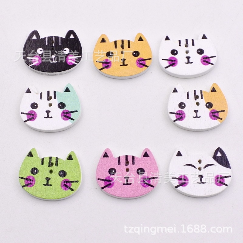 20*15mm fondo blanco lindo gatito botón de madera niños dibujos animados pintado gato cara forma rompecabezas