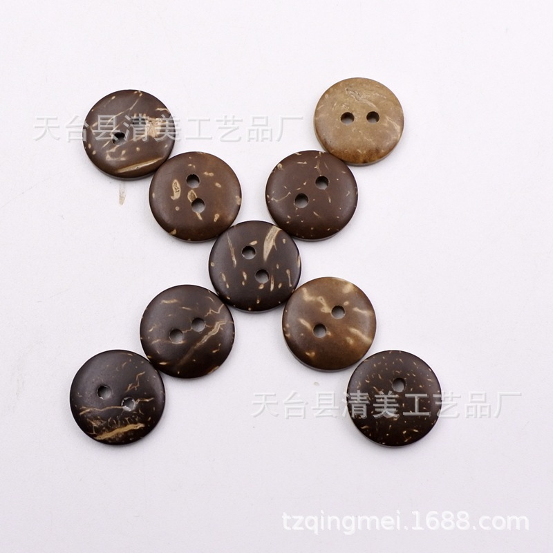 Botón redondo de dos ojos con hebilla de coco de 15mm Botón de cáscara de coco de madera 50 por paquete