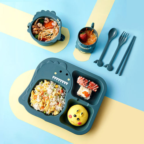 Baby dinosaur tableware 6-piece set children's dinner plate compartment household creative cartoon fall-resistant environmentally friendly wheat bowl cup