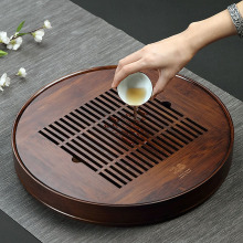九竹盛水茶盘大号竹制圆形储水嵌入式干泡茶托盘胡桃色厂家直销