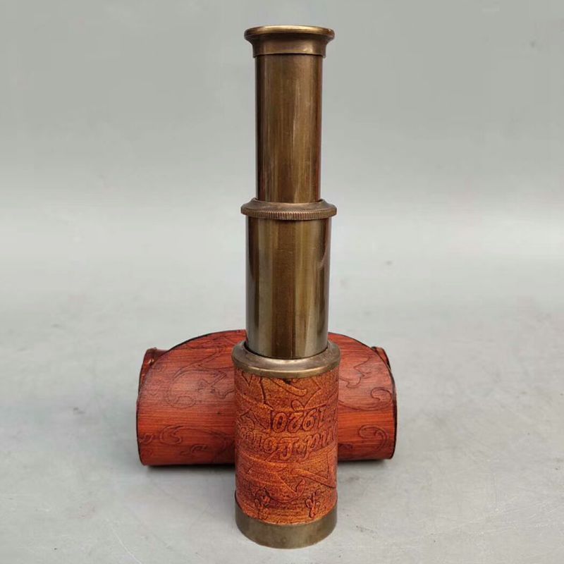 收藏仿古做旧牛皮套皮包纯铜可伸缩望远镜摆件 古玩铜器工艺礼品