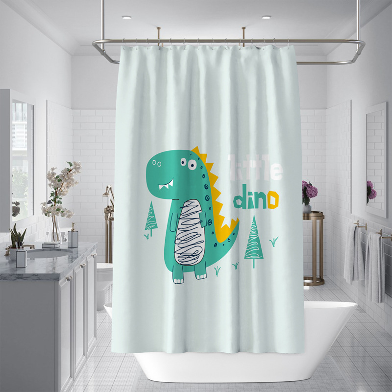 Green Dinosaur Pattern Letter E-commerce Wholesale Cute Animal Cartoon Digital Print Waterproof Shower Curtain_voghion.com