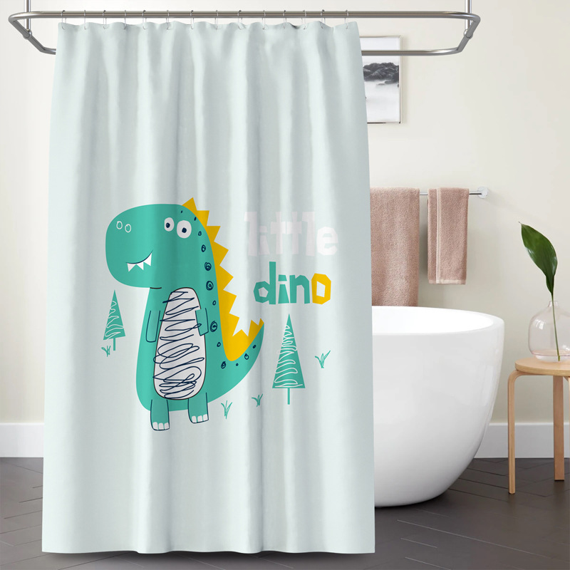 Cortina de ducha impermeable con estampado digital de dibujos animados de animales lindos, con letras y estampado de dinosaurio verde para comercio electrónico al por mayor._voghion.com