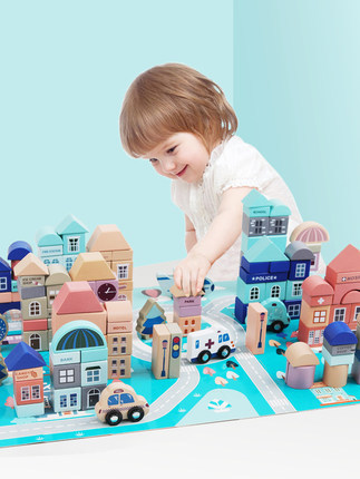Qiaozhimu City Building Block Baby 1-2 años Puzzle Iluminación Niños 3-6 años Niños y niñas Juguetes de ensamblaje de madera