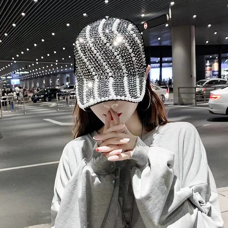 Gorra de béisbol con diamantes de imitación para mujer, estilo coreano de primavera y otoño, moda urbana, versátil, sombrero para el sol, perla de lujo ligero