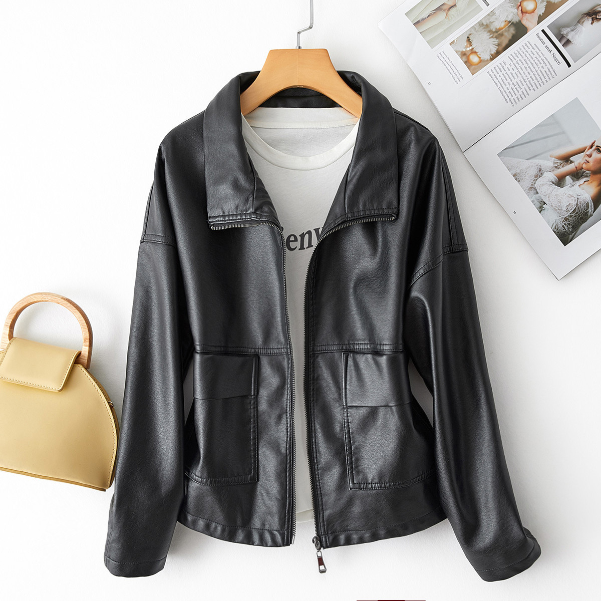Spring New Korean Style Loose Lapel Haining Jacket Biker Pike Short Women's Small Leather Jacket Women's Clothing
