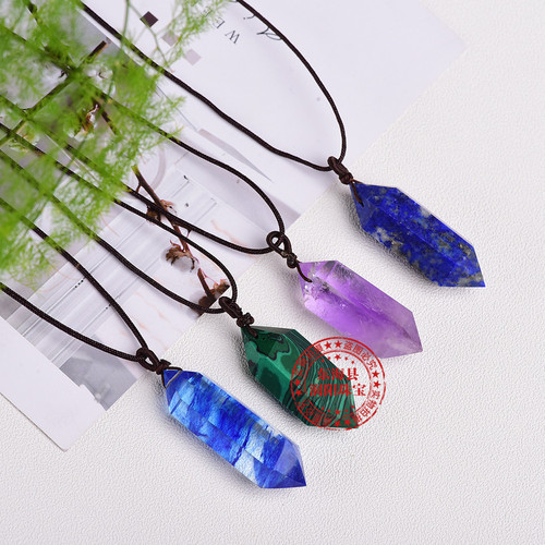 Manufacturer wholesale natural crystal raw stone polished double-pointed hexagonal prism pendant energy stone necklace jewelry foreign trade hot sale