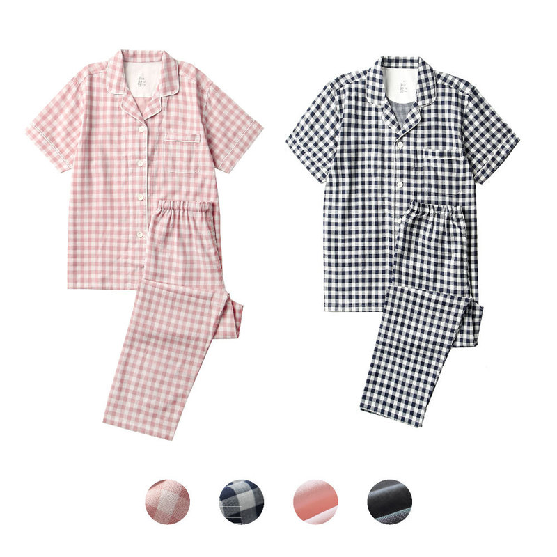 Short-sleeved Pajamas Women's Summer Plaid Double-layer Yarn Woven Cotton No Side Seam No Print Japanese-style Couples Home Suit