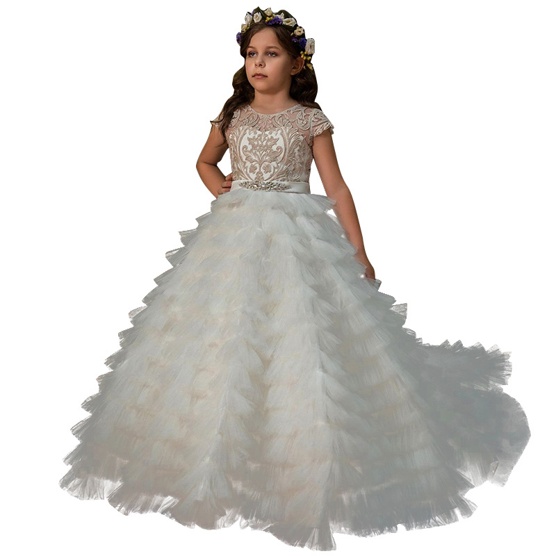 Comercio exterior europeo y americano nuevo vestido de novia para niños niñas rendimiento anfitrión Piano Sin mangas pastel princesa trailing vestido