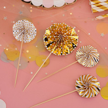 厂家直销蛋糕装饰插牌闪耀金银粉太阳花折纸扇蛋糕装饰插件4件套