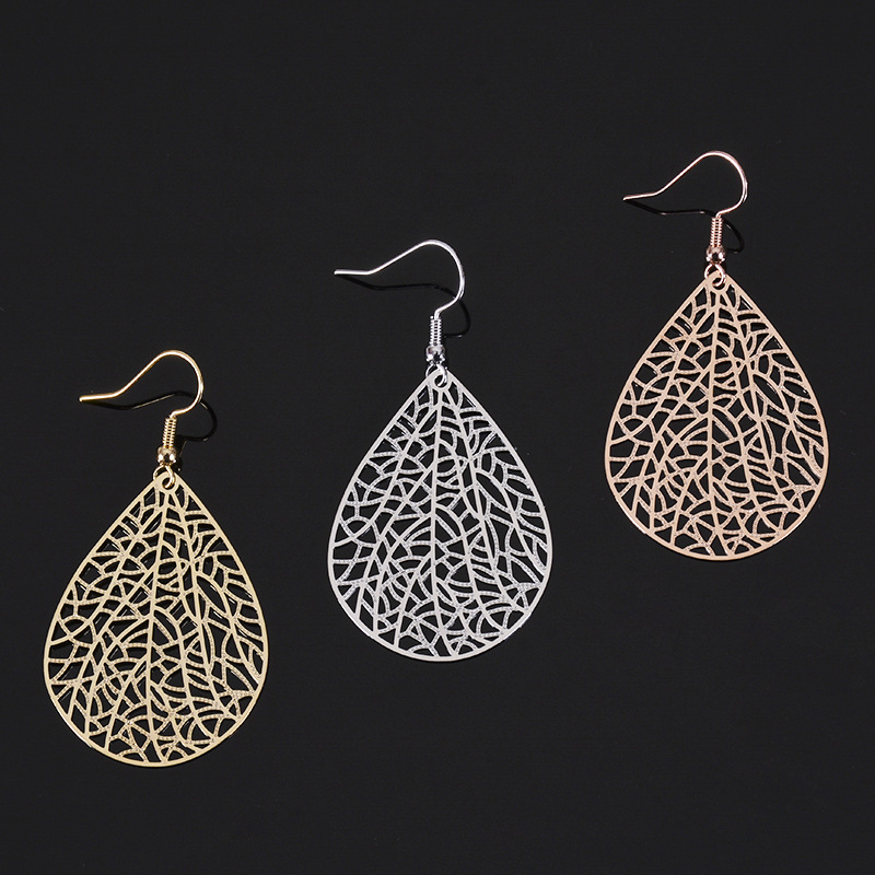 Fashion Ear Jewelry Metal Copper Plate Computer Carving Piece Cut Out Leaf Drop-Shaped Rose Gold Retro Earrings for Women
